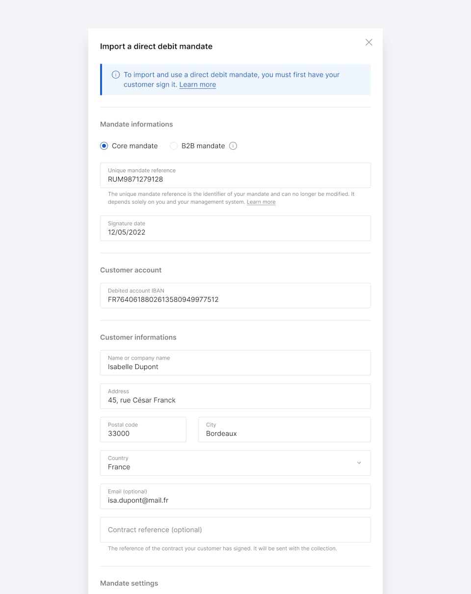 The interface allowing users to import SEPA mandates.